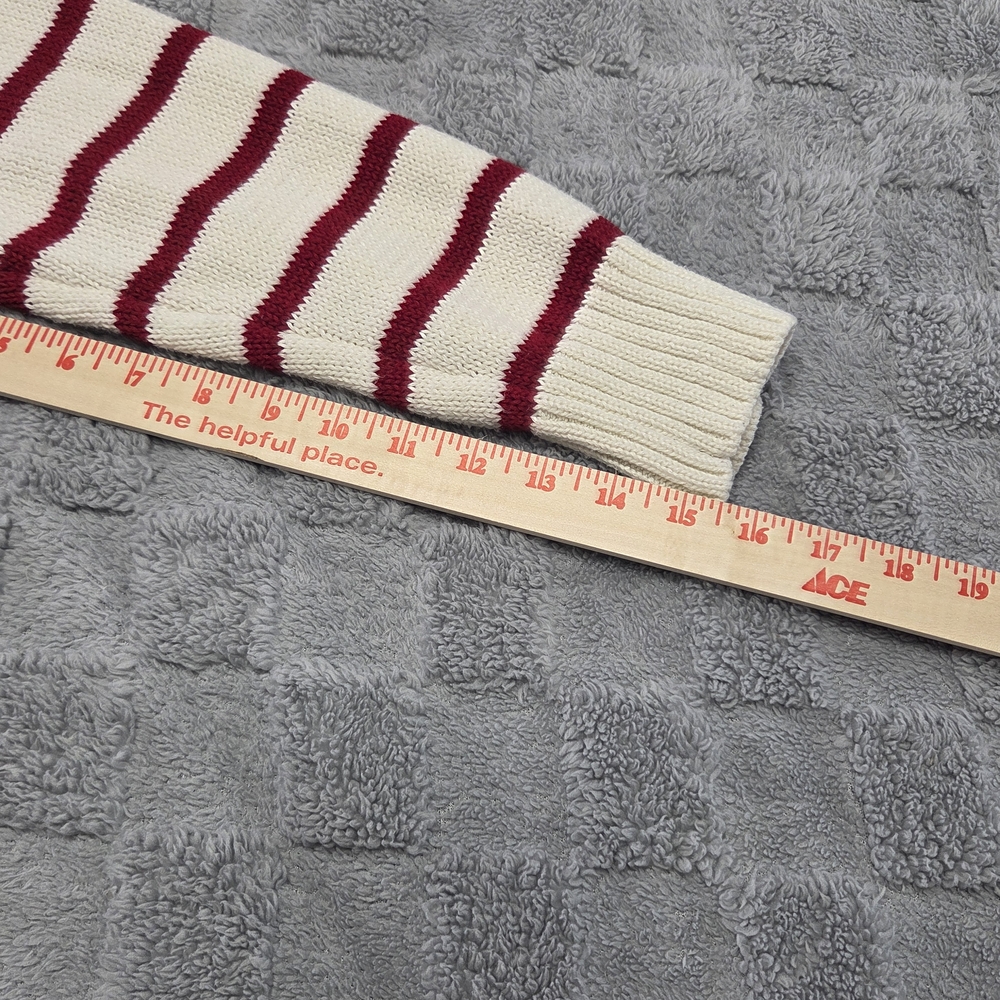 Women's Oversized Cropped Cream and Red Med Size Striped V-Neck Sweater - Picture 5 of 8